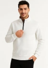 Erkek Dik Yaka Sweatshirt Dik Yaka Yarım Fermuarlı 3 İplik Şardonlu Pamuk Kumaş - Beyaz