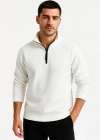 Erkek Dik Yaka Sweatshirt Dik Yaka Yarım Fermuarlı 3 İplik Şardonlu Pamuk Kumaş - Beyaz