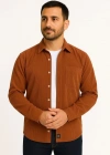 Erkek Fitilli Kadife Cepli Gömlek Oversize Rahat Kalıp - Kahverengi