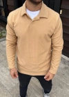 Erkek Fitilli Polar Sweatshirt Düğmesiz Polo Yaka Oversize Kalıp Kalın Polar ve - Bej