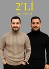 Erkek Fitilli Triko Kazak 2li Set Bej Siyah Regular Balıkcı Yaka Tam Boğazlı Triko Seti