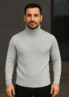 Erkek Fitilli Triko Kazak 2li Set Gri Siyah  Balıkcı Yaka Tam Boğazlı Triko Seti
