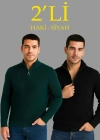 Erkek Fitilli Triko Kazak 2’li Set Siyah Haki Kalın Dokuma Pamuklu Regular Fit V Yaka
