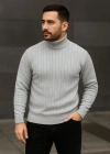 Erkek Fitilli Triko Kazak 3lÜ Set Gri Haki Siyah Regular Balıkcı Yaka Tam Boğazlı Triko