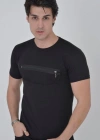 Erkek Göğüste Fermuar Aksesuarlı Dar Kalıp T-Shirt - Siyah