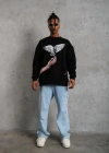 Erkek Güvercin Baskılı Sweatshirt - Siyah