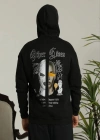 Erkek Kapşonlu Sweatshirt Oversize Üç İplik Şardonlu Other Lives Ön Arka Baskılı - Siyah