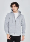 Erkek Kapüşonlu Düz Fermuarlı Hırka - Gri