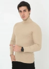 Erkek Kaşkorse Boğazlı Full Likralı Fitilli Body Kazak - Bej