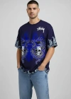 Erkek Lacivert Oversize Tişört Dragon Kuru Kafa Baskılı Bisiklet Yaka - Lacivert