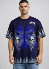Erkek Lacivert Oversize Tişört Dragon Kuru Kafa Baskılı Bisiklet Yaka - Lacivert