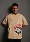 Erkek Mario Baskılı Oversize T-Shirt - Bej