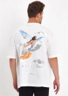 Erkek Melek Baskılı Oversize T-shirt - Beyaz