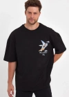 Erkek Melek Baskılı Oversize T-shirt - Siyah