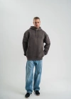 Erkek Nakış İşlemeli Kapşonlu Antrasit Sweatshirt Üç İplik Double Oversize- Füme