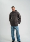 Erkek Nakış İşlemeli Kapşonlu Antrasit Sweatshirt Üç İplik Double Oversize- Füme
