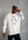 Erkek Nihilist Penguen Özel Tasarım Oversize Kapüşonlu Sweatshirt - Beyaz