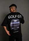 Erkek Oversize Baskılı Tişört Golf GTI Retro Araba Desenli Ön Arka Dijital Baskı - Siyah