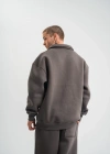 Erkek Patlı Yaka Üç İplik Pamuklu Sweatshirt Double Oversize Rahat Kalıp Günlük Kullanım - Füme