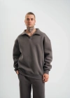 Erkek Patlı Yaka Üç İplik Pamuklu Sweatshirt Double Oversize Rahat Kalıp Günlük Kullanım - Füme