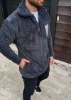 Erkek Polar Fermuarlı Sweatshirt Kapüşonsuz Cepli Yumuşak Dokulu Oversize Kalıp - Füme