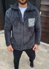 Erkek Polar Fermuarlı Sweatshirt Kapüşonsuz Cepli Yumuşak Dokulu Oversize Kalıp - Füme