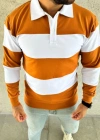 Erkek Polo Yaka Uzun Kollu Çizgili Sweatshirt Trend Rugby Stil - Turuncu
