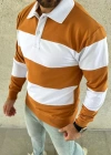 Erkek Polo Yaka Uzun Kollu Çizgili Sweatshirt Trend Rugby Stil - Turuncu