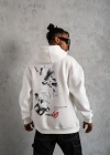 Erkek Şapkalı Güvercin Baskılı Kapşonlu Sweat - Beyaz