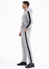Erkek Şeritli Eşofman Takım Kapüşonlu Sweatshirt Boru Paça Alt, Oversize 3 iplik Pamuklu - Gri
