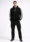Erkek Şeritli Kapüşonlu Sweatshirt Oversize 3 iplik Pamuklu - Siyah