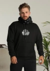 Erkek Sırt Baskılı Kapüşonlu Üç İplik Oversize Sweatshirt - Siyah