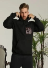 Erkek Sırt Baskılı Oversize Üç İplik Kapüşonlu Sweatshirt - Siyah