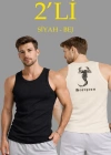 Erkek Spor Fitilli Atlet 2li Set Siyah ve Bej Slim Fit Kaşkorse Arka Baskılı Spor Atlet