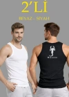 Erkek Spor Fitilli Atlet 2li Set Siyah ve Beyaz Slim Fit Kaşkorse Arka Baskılı Spor Atlet