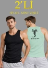 Erkek Spor Fitilli Atlet 2li Set Siyah ve Mint Yeşili Slim Fit Kaşkorse Arka Baskılı Spor Atlet