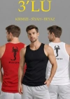 Erkek Spor Fitilli Atlet 3lü Set Kırmızı, Siyah ve Beyaz Slim Fit Kaşkorse Arka Baskılı Spor Atlet