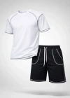 Erkek Spor Tişört Şort Takım Kontrast Dikiş Detaylı Ovarsize rahat kalıp - Beyaz