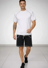 Erkek Spor Tişört Şort Takım Kontrast Dikiş Detaylı Ovarsize rahat kalıp - Beyaz