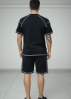 Erkek Spor Tişört Şort Takım Kontrast Dikiş Detaylı Ovarsize rahat kalıp - Siyah
