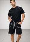 Erkek Spor Tişört Şort Takım Kontrast Dikiş Detaylı Ovarsize rahat kalıp - Siyah