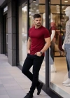 Erkek Bisiklet Yaka Slim Fit dar kesim Likralı Tişört - Bordo