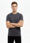 Erkek Bisiklet Yaka Slim Fit dar kesim Likralı Tişört - Füme