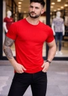 Erkek Bisiklet Yaka Slim Fit dar kesim Likralı Tişört - Kırmızı