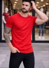Erkek Bisiklet Yaka Slim Fit dar kesim Likralı Tişört - Kırmızı