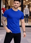 Erkek Bisiklet Yaka Slim Fit dar kesim Likralı Tişört - Saks Mavisi