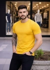Erkek Bisiklet Yaka Slim Fit dar kesim Likralı Tişört - Sarı