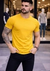 Erkek Bisiklet Yaka Slim Fit dar kesim Likralı Tişört - Sarı