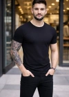 Erkek T-Shirt Bisiklet Yaka Slim Fit dar kesim Likralı Tişört Günlük Basic Body - Siyah