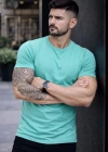Erkek Bisiklet Yaka Slim Fit dar kesim Likralı Tişört - Turkuvaz